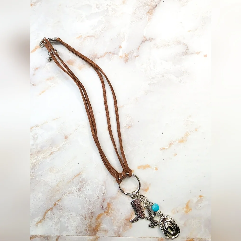 ​Brown Suede Western Choker Necklace Silver Cowboy Boot Hat & Cactus Charms